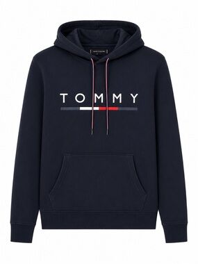 (NEW) Tommy Hilfiger Navy Hoodie with Signature Flag Accent